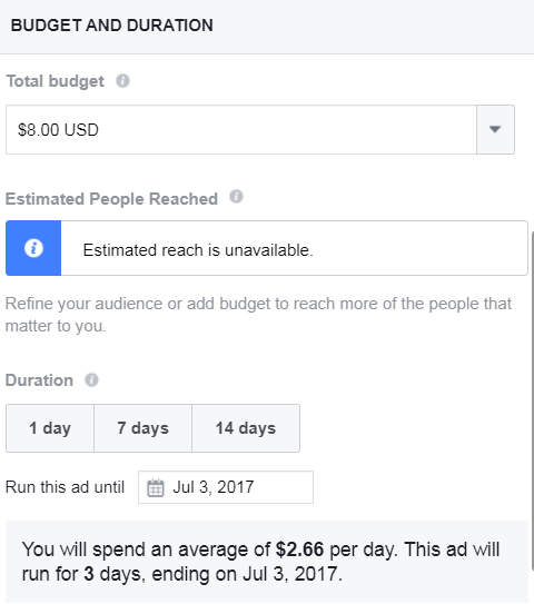 Facebook ad budget screen: an $8.00 total budget at $2.66 a day over 3 days