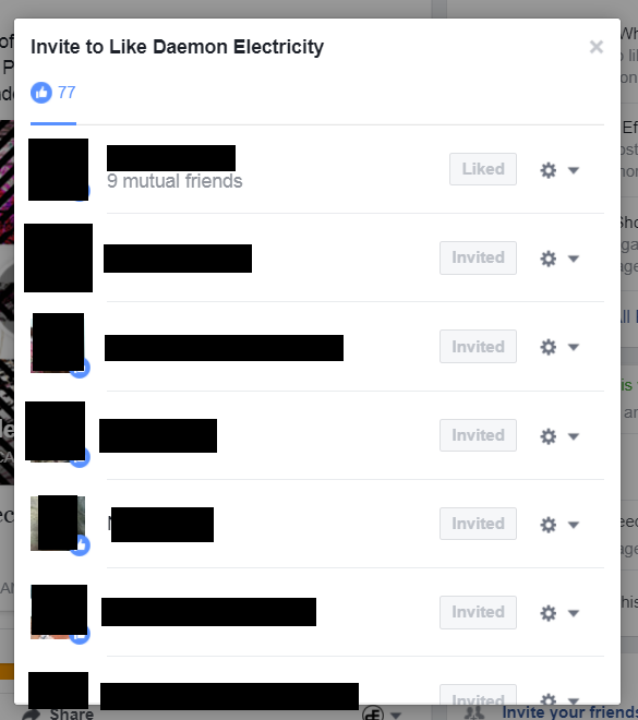 Facebook's screen for inviting people who liked a post to like the page
