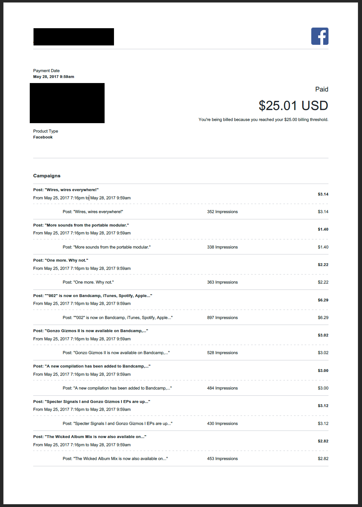 Facebook ads invoice