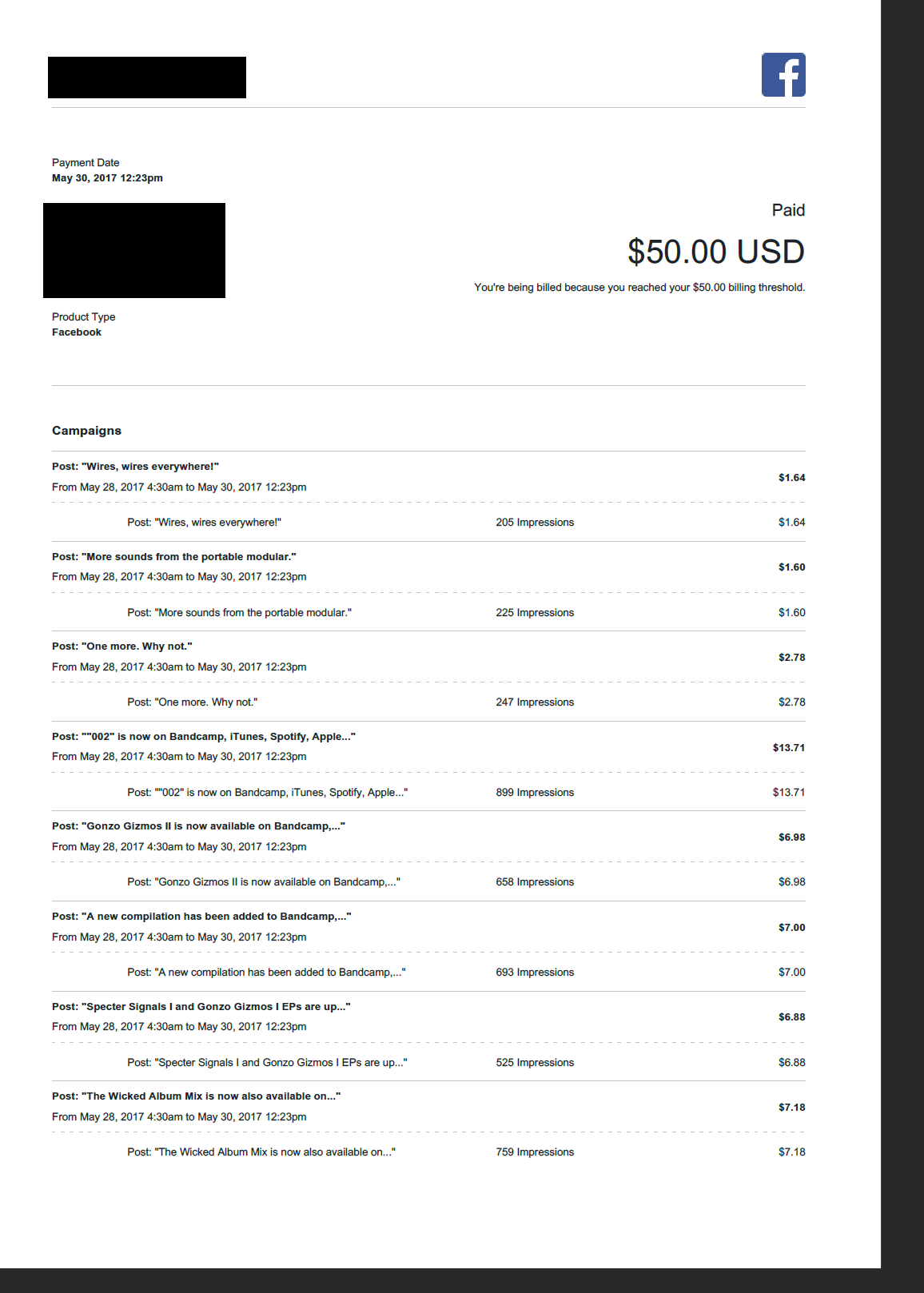 Facebook ads invoice