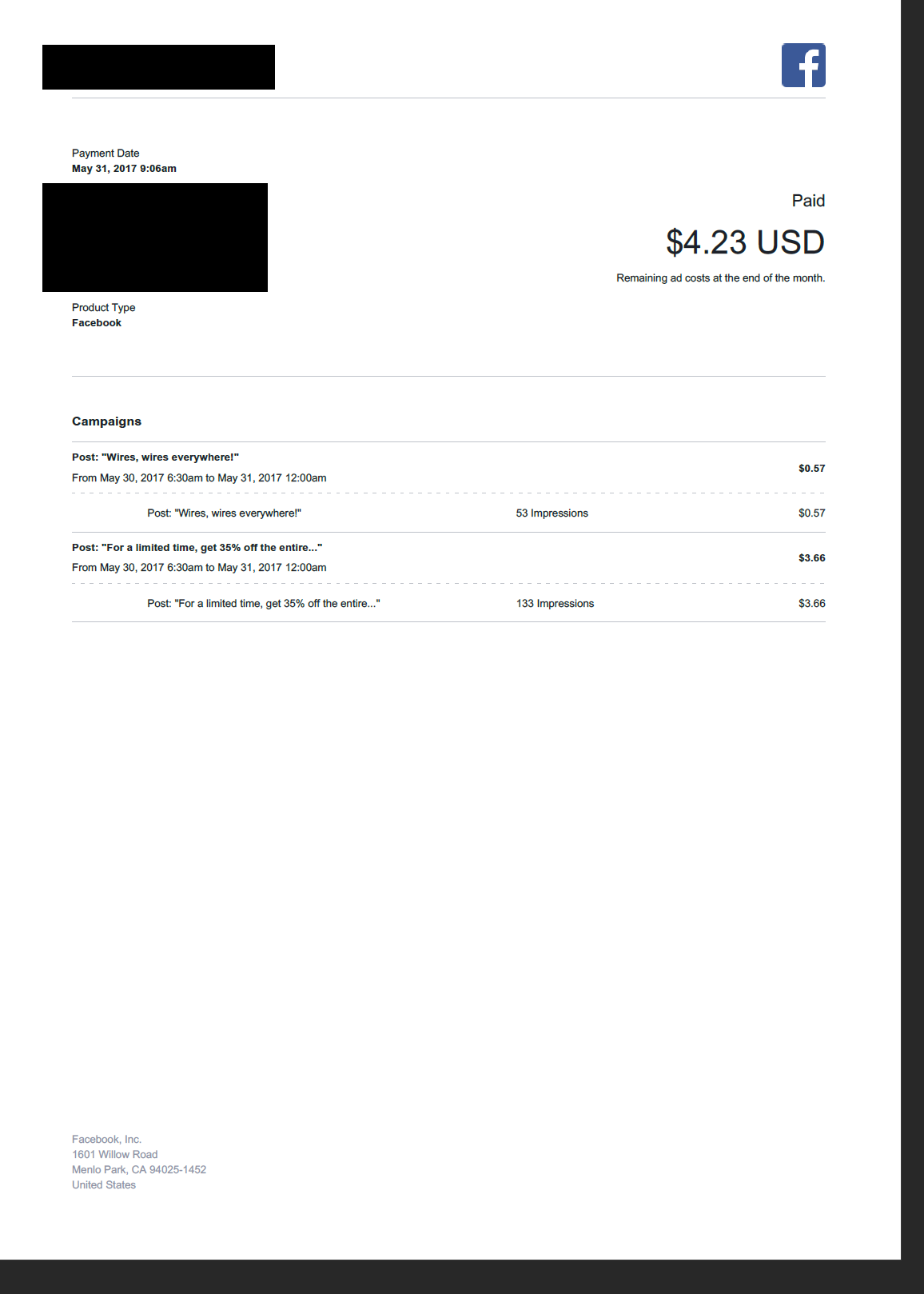 Facebook ads invoice