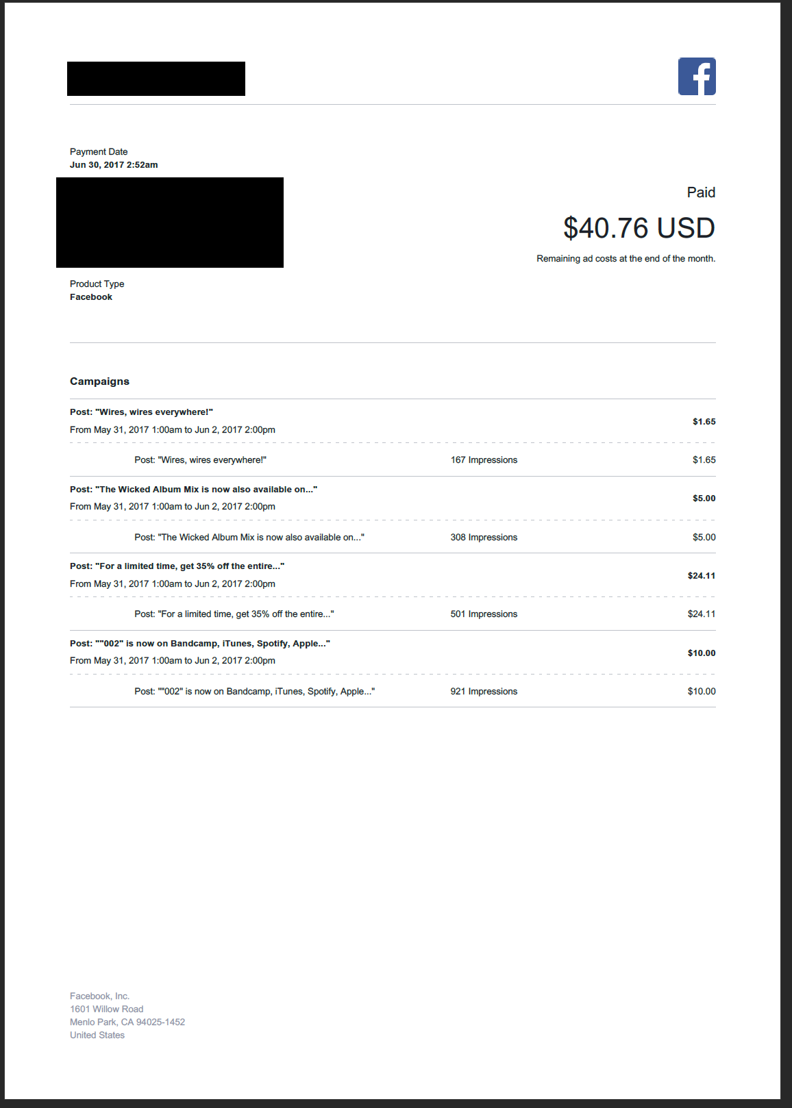 Facebook ads invoice